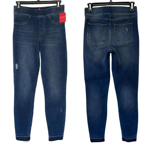 NWT, SPANX, Distressed Denim Legging Skinny Released Hem Ankle Jeans, Blue - Picture 3 of 10